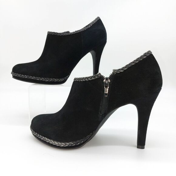 Antonio Melani Ankle Booties Sz 7M Black Heels Dante Suede Braided Trim Detail - Picture 2 of 12